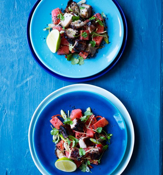 Sticky spiced pork belly and watermelon