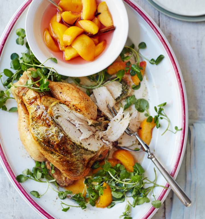 Summer roast chicken with watercress and spiced peaches