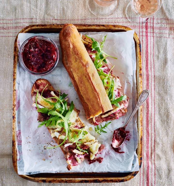 Brie and beef baguette with beetroot jam
