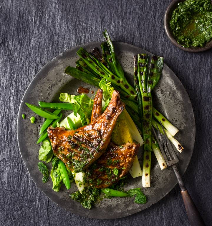 Barbecued chermoula lamb chops with herb sauce