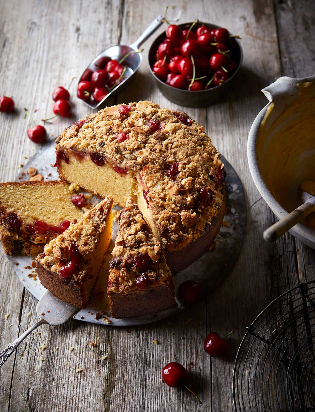 Cherry and amaretti-topped crumble cake recipe | Sainsbury`s Magazine