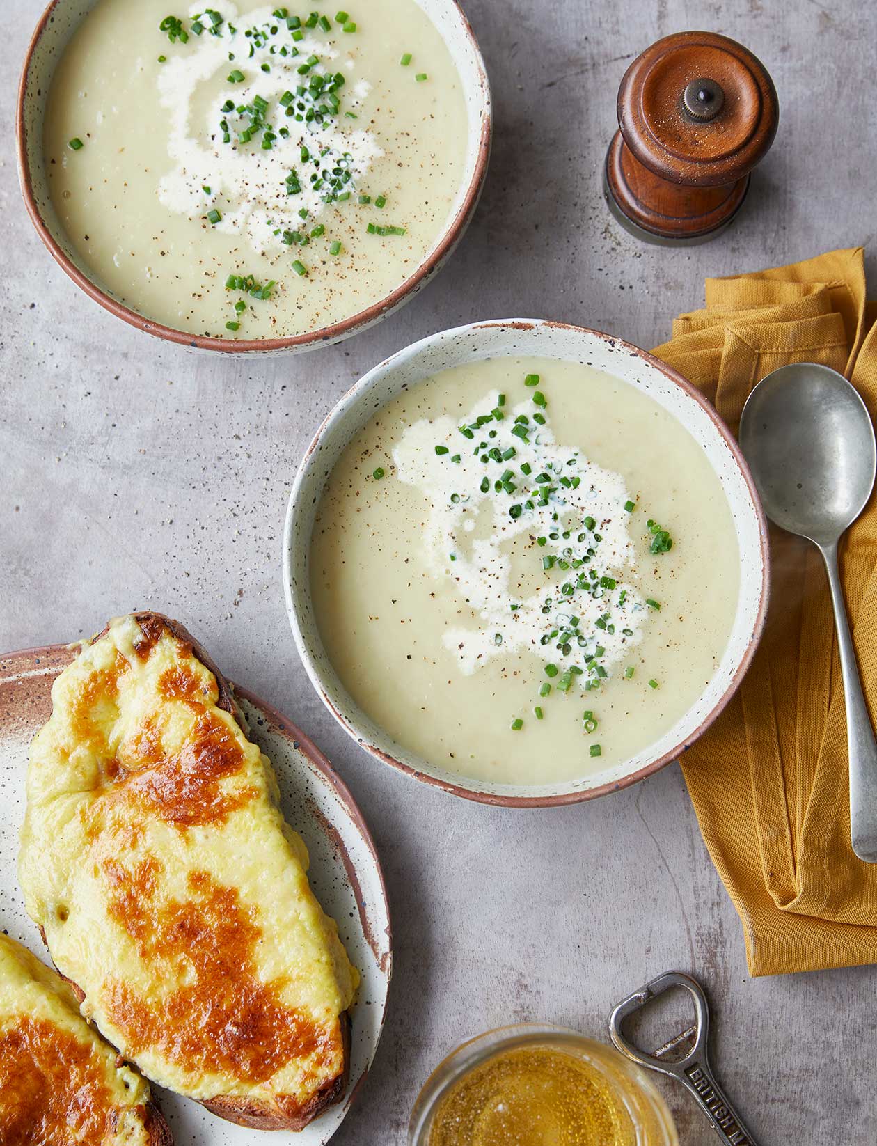 Leek, potato and cider soup with Welsh rarebit croutes recipe