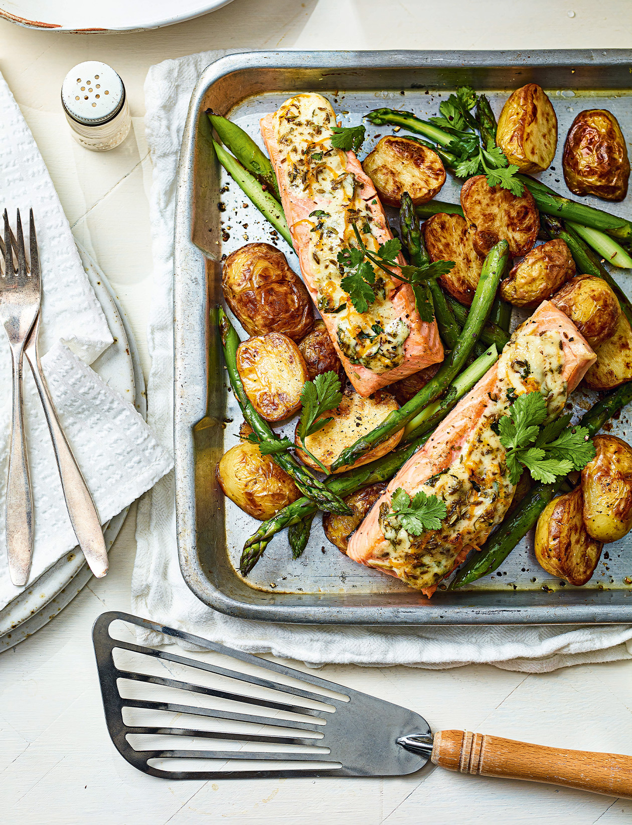 Salmon and asparagus spring traybake recipe | Sainsbury`s Magazine