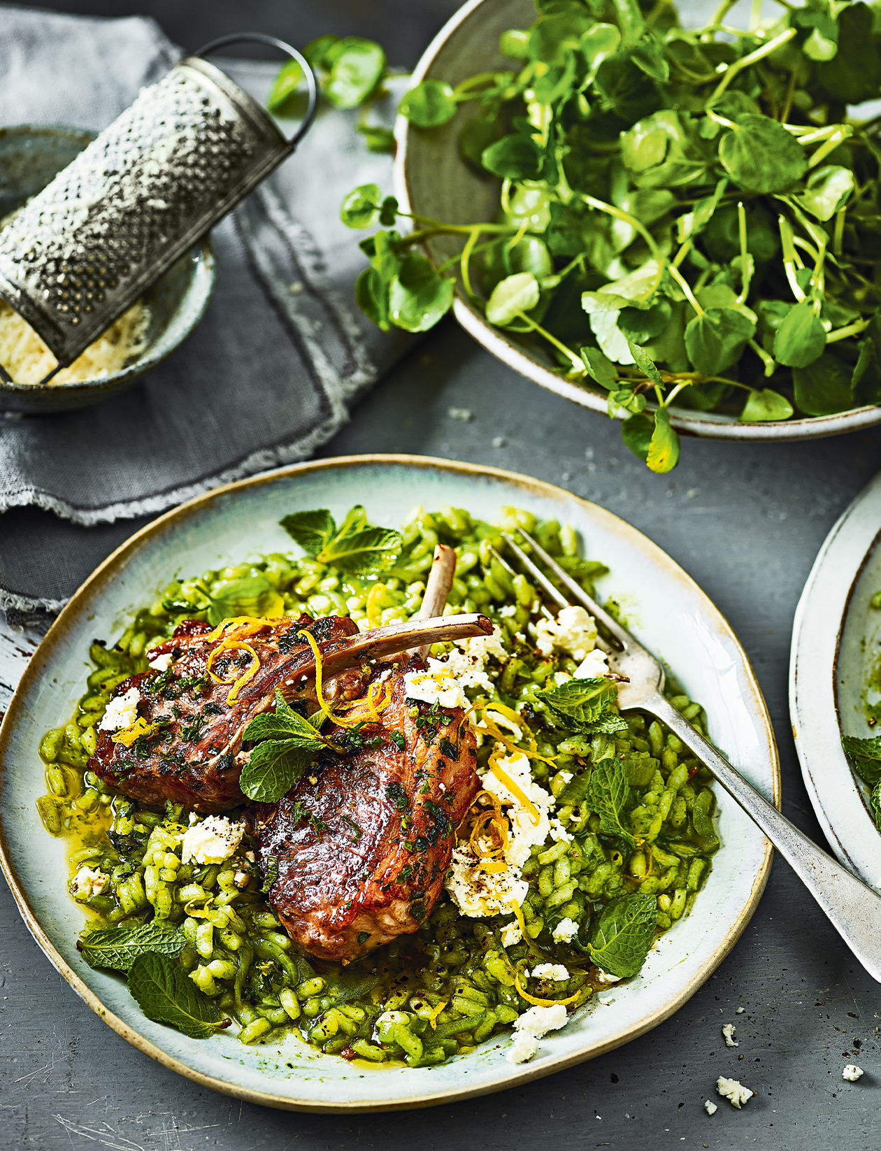 Minty lamb chops with watercress risotto recipe | Sainsbury`s Magazine