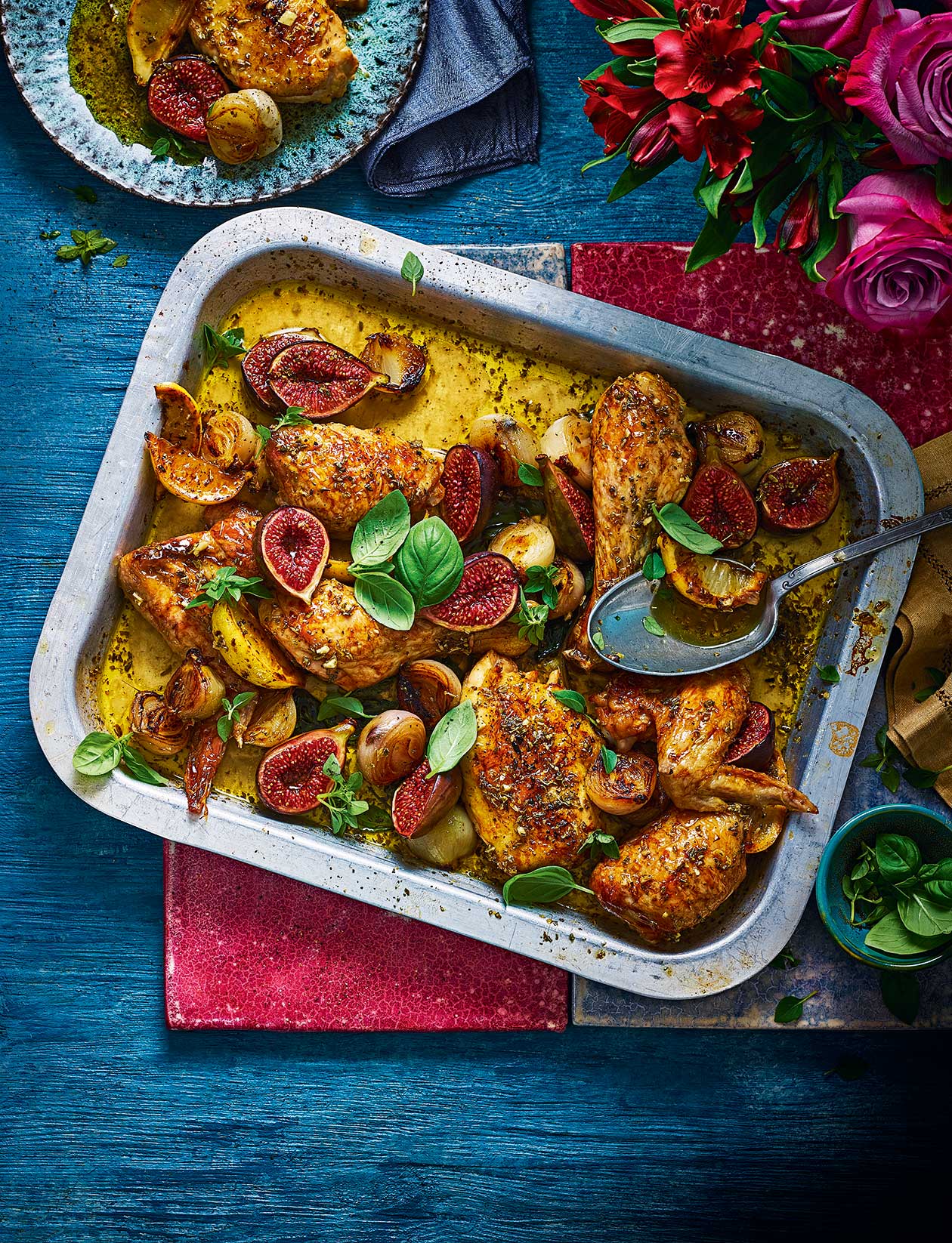 Roast chicken with figs and shallots recipe | Sainsbury`s Magazine