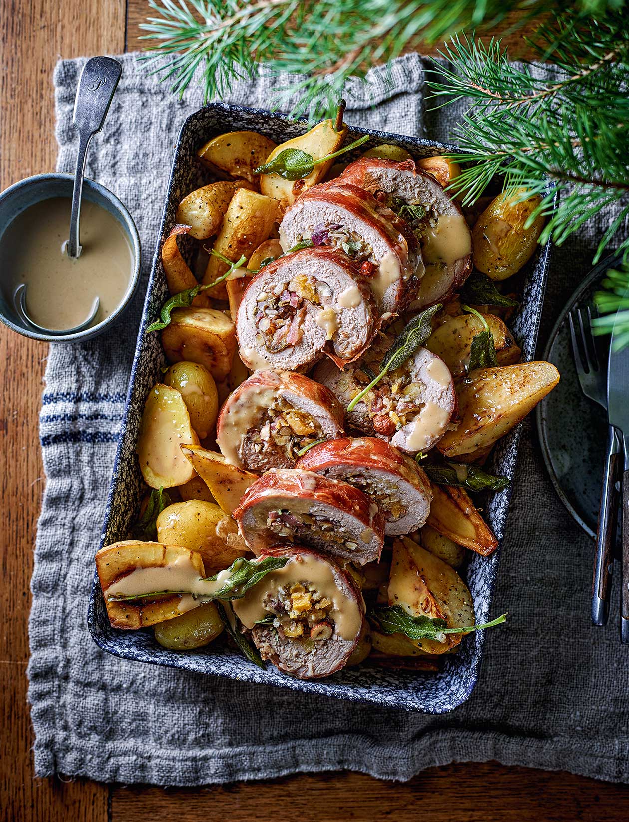 image of Sage and Apricot-Stuffed Pork Tenderloin With Roasted Pear, Parsnip and Potato recipe by Sainsbury’s Magazine image of Sage and Apricot-Stuffed Pork Tenderloin With Roasted Pear, Parsnip and Potato recipe by Sainsbury’s Magazine