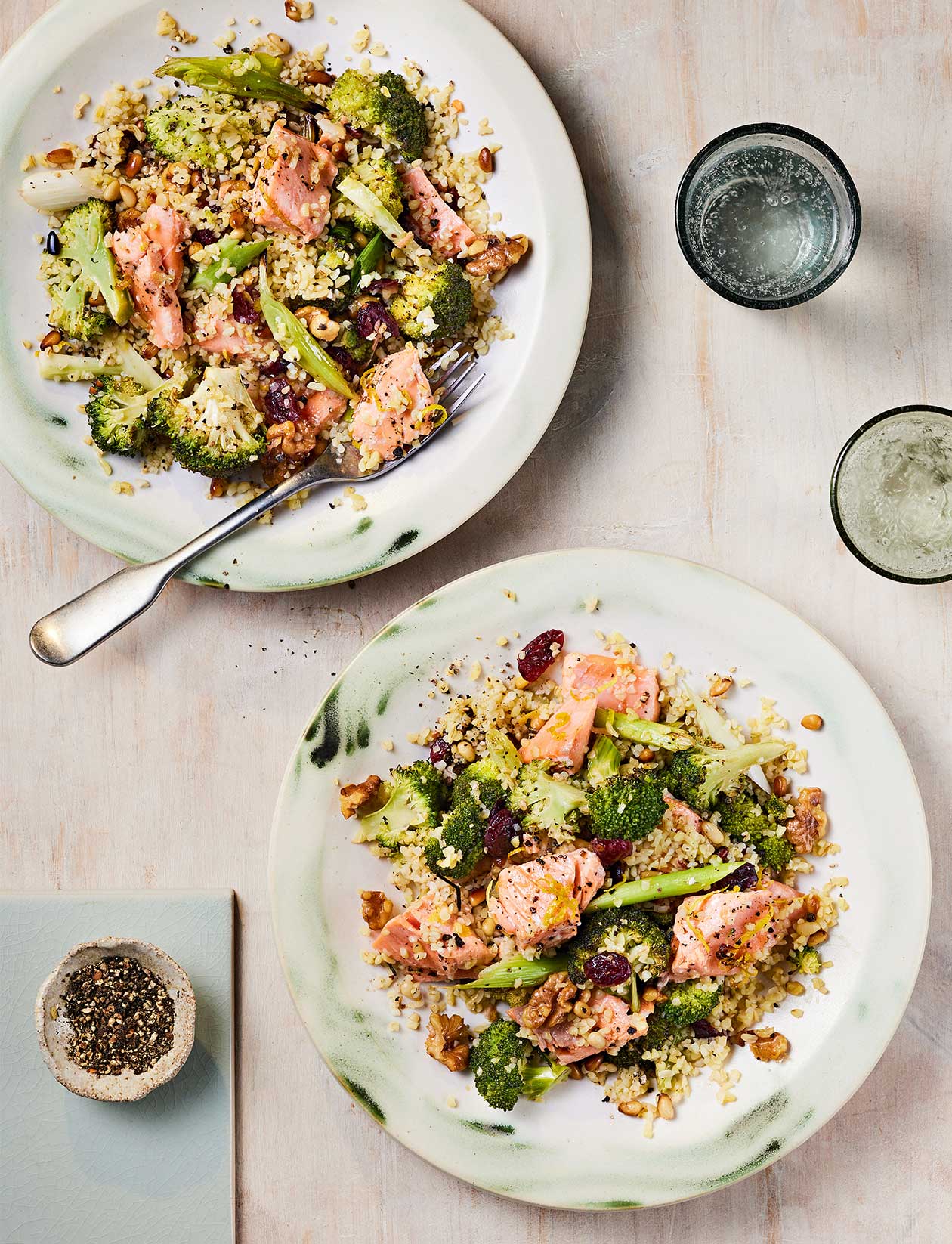 Zesty salmon and roasted broccoli bulgur recipe | Sainsbury`s Magazine