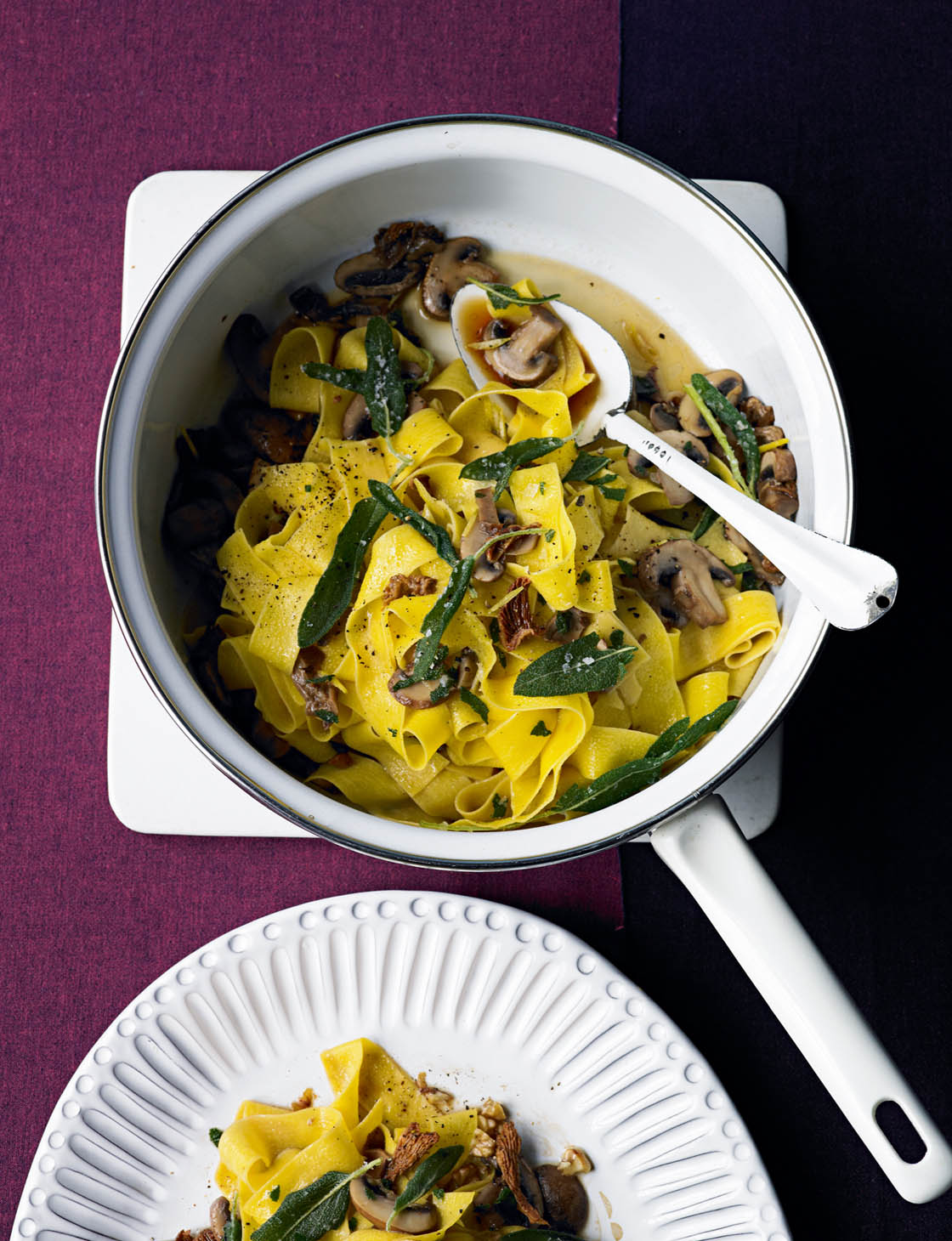 Pappardelle with mushroom ragu, walnuts and crispy sage | Sainsbury`s  Magazine