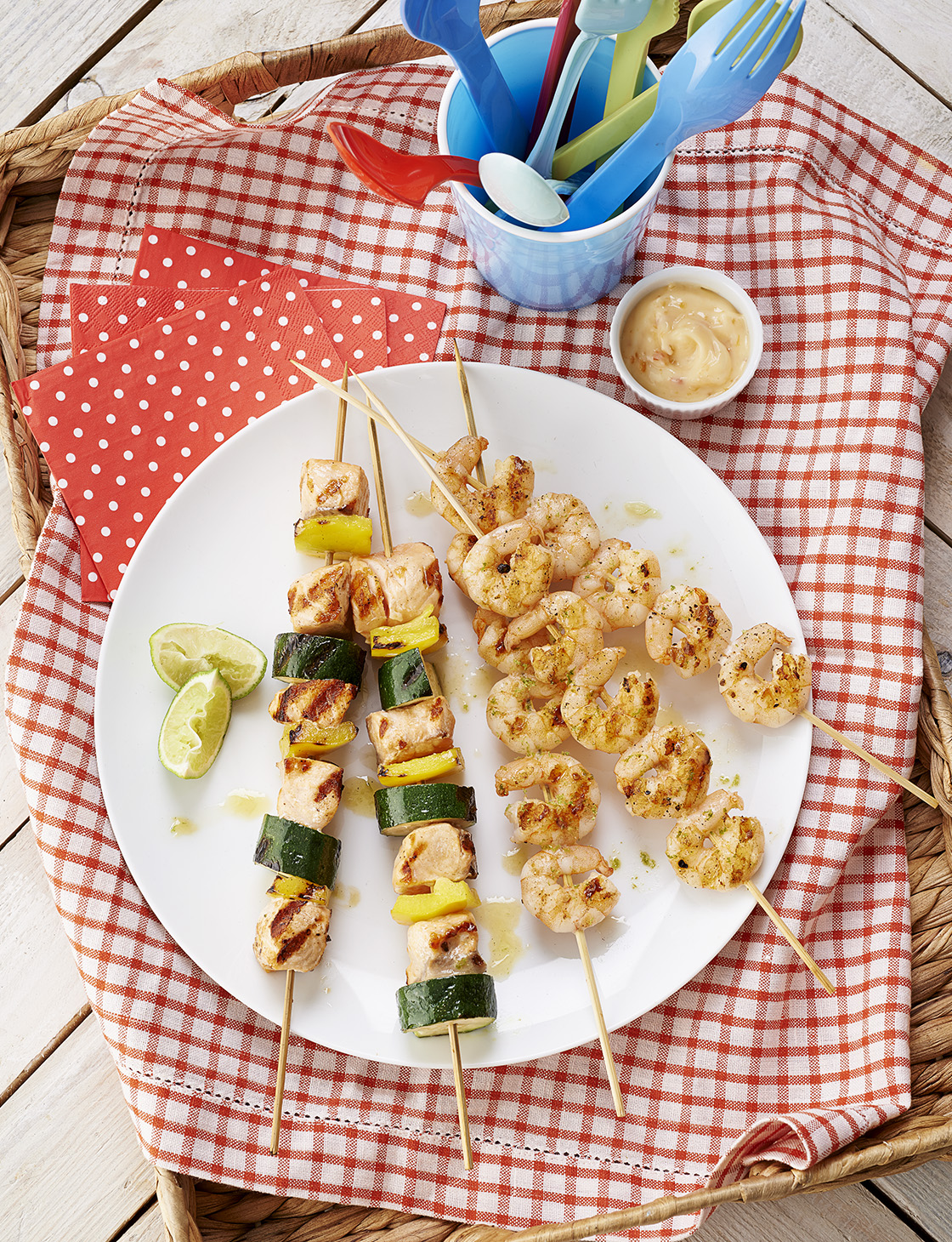 Moroccan spiced salmon kebabs & vegetable skewers