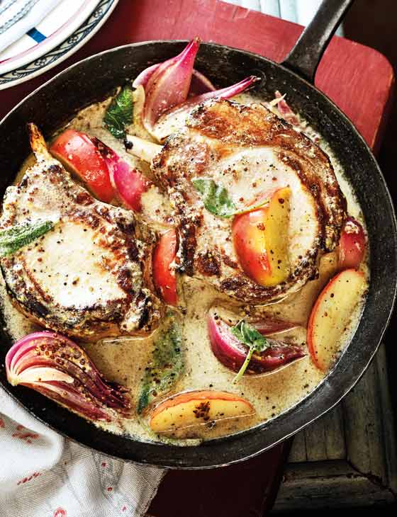 image of Pork Chops With Apples and Mustard Sauce recipe by Sainsbury’s Magazine
