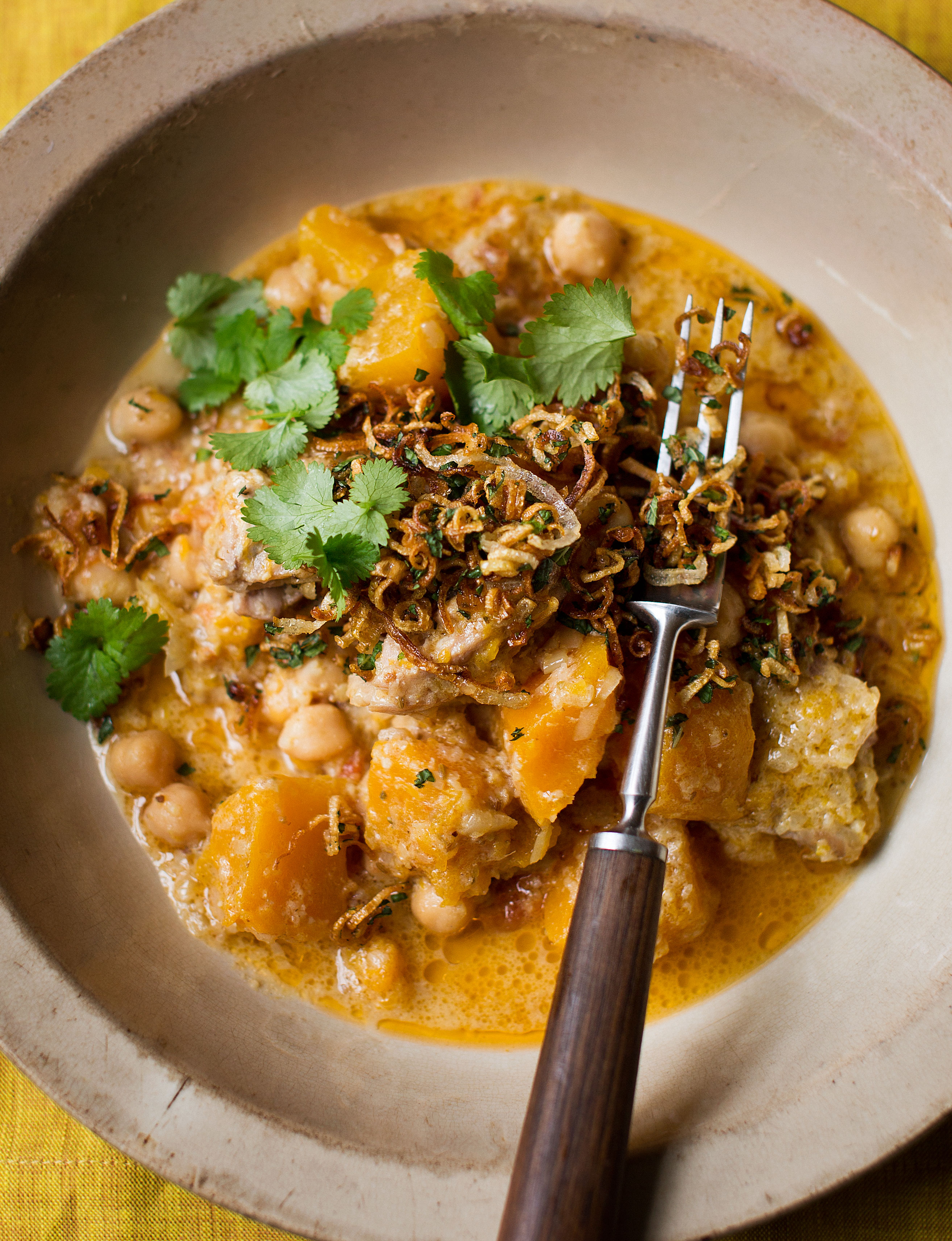 Chicken Pumpkin And Chickpea Korma With Crispy Shallots