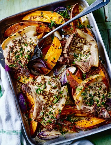 Maple and tarragon pork chops and sweet potato traybake | Sainsbury`s ...