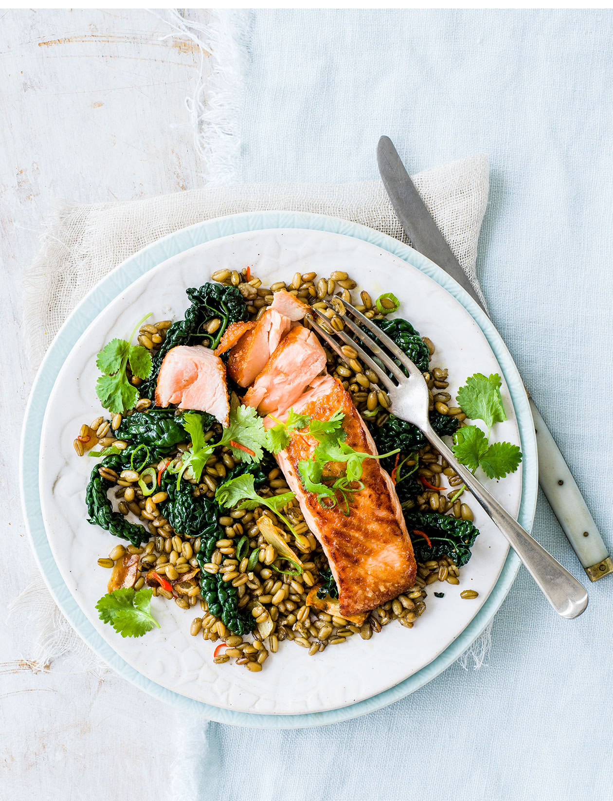 Crispy salmon with freekeh and cavolo nero recipe | Sainsbury`s Magazine