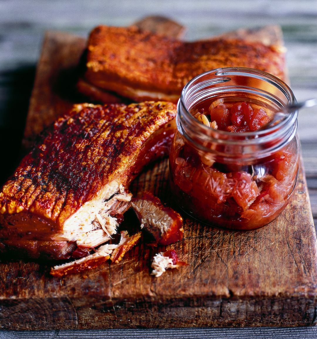 Roast pork belly with apple, sour cherry and fennel chutney