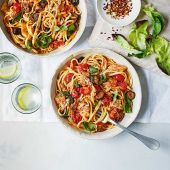 Mackerel, cherry tomato and olive linguine