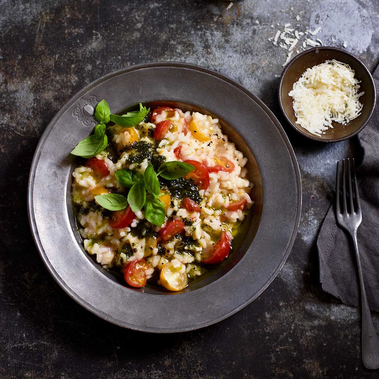 Tomato risotto with basil oil