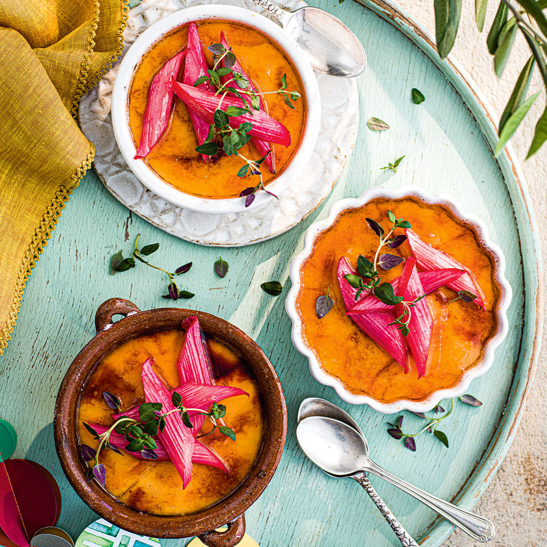 Crema Catalana with roasted rhubarb and thyme recipe