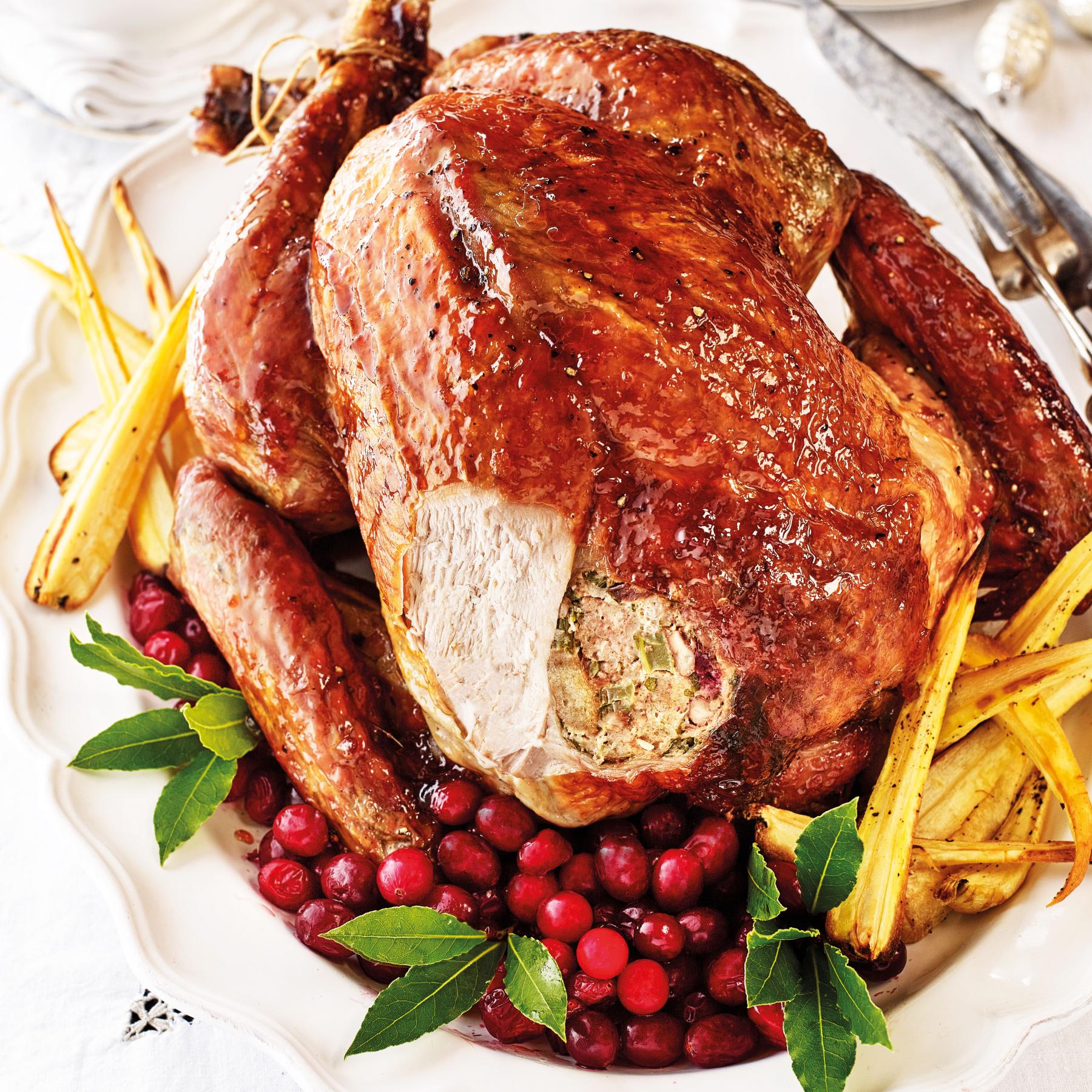 Roast turkey with spiced cranberry pecan stuffing and maple glaze