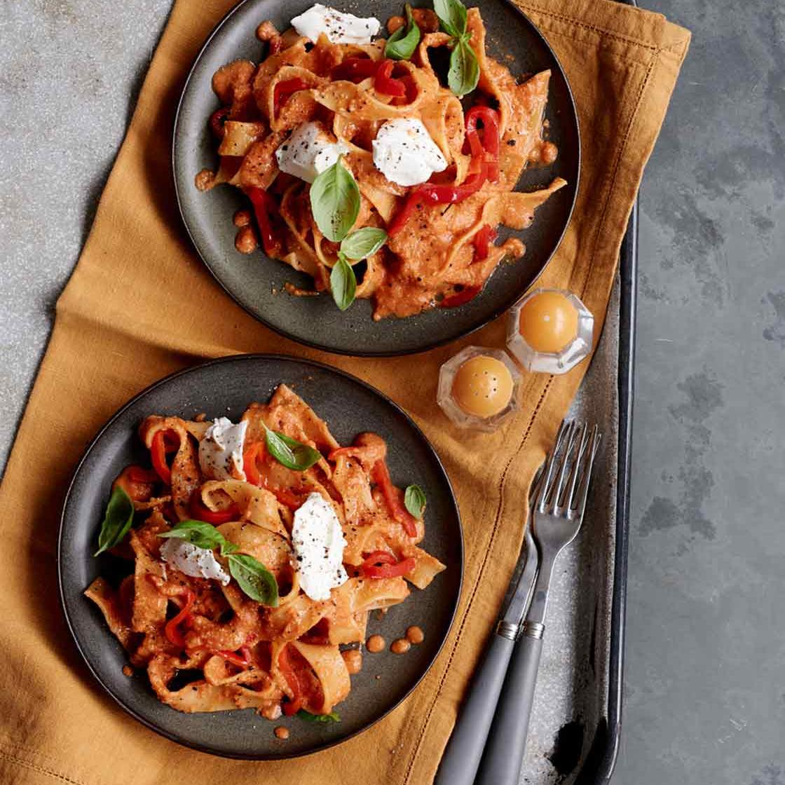 Tomato romesco goats' cheese pasta | Sainsbury`s Magazine