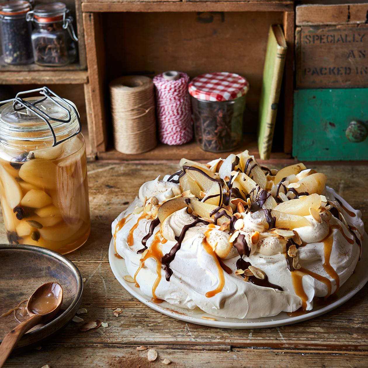 Pavlova With Spiced Pears And Salted Caramel Sauce Recipe Sainsbury S Magazine