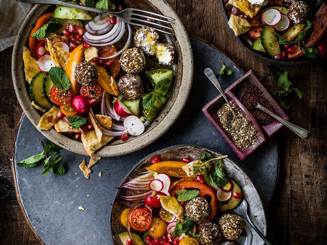 Fattoush salad with herbed labneh balls recipe | Sainsbury`s Magazine