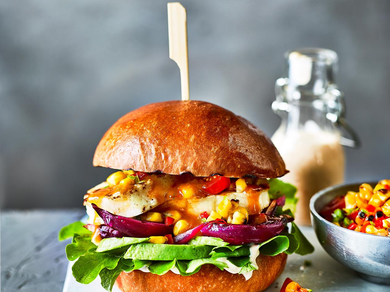 Peri Peri Halloumi Burger With Sweetcorn Salsa Recipe Sainsbury S Magazine