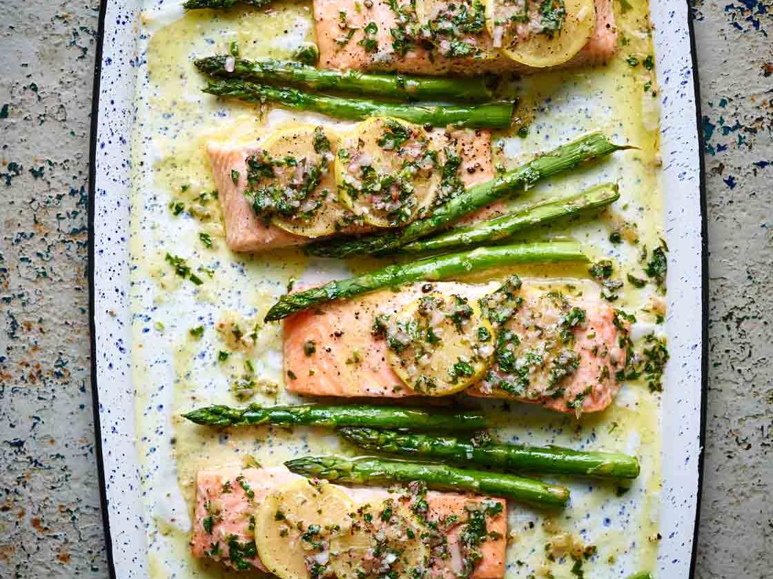 Salmon And Asparagus Traybake Recipe Sainsbury S Magazine