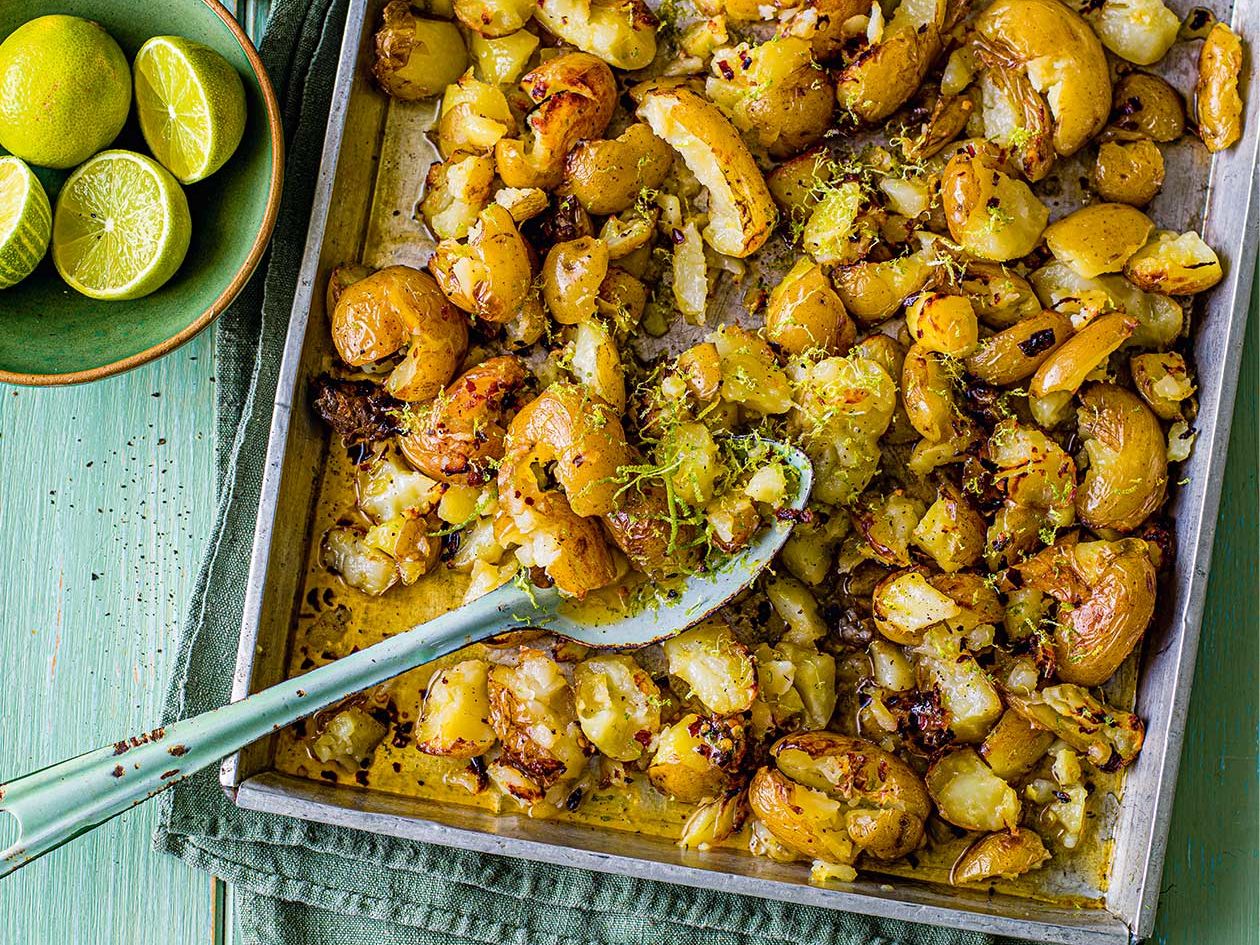 Smashed Jersey Royals with hot honey and lime recipe