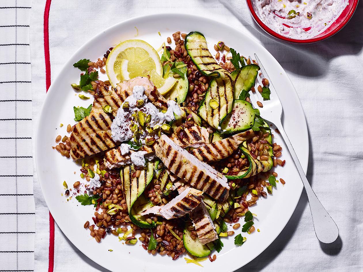 Griddled Chicken And Courgettes With Pistachio Yogurt Dressing Recipe Sainsbury S Magazine