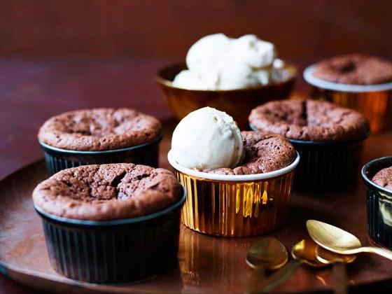 Hot Chocolate Brownie Peanut Butter Puddings With Salted Peanut And Caramel Ice Cream Sainsbury S Magazine