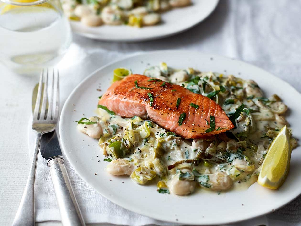 Salmon With Creamy Leeks And Butter Beans Recipe Sainsbury S Magazine