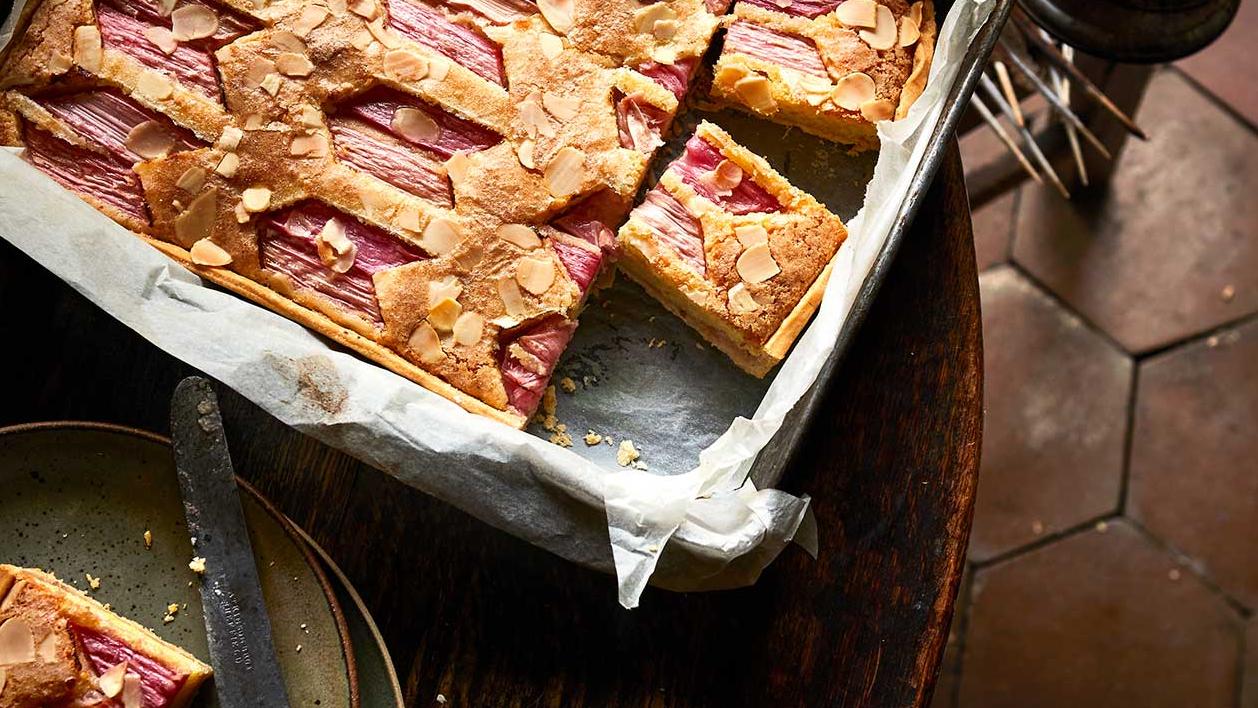 Rhubarb Frangipane Traybake Recipe Sainsbury S Magazine