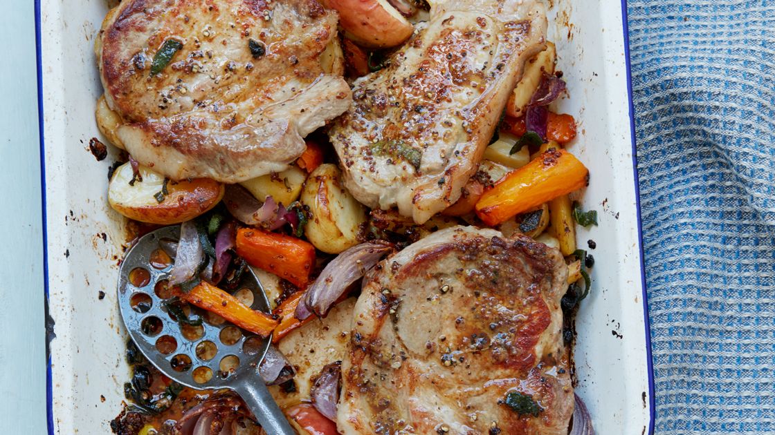 Pork chop, root veg and apple traybake