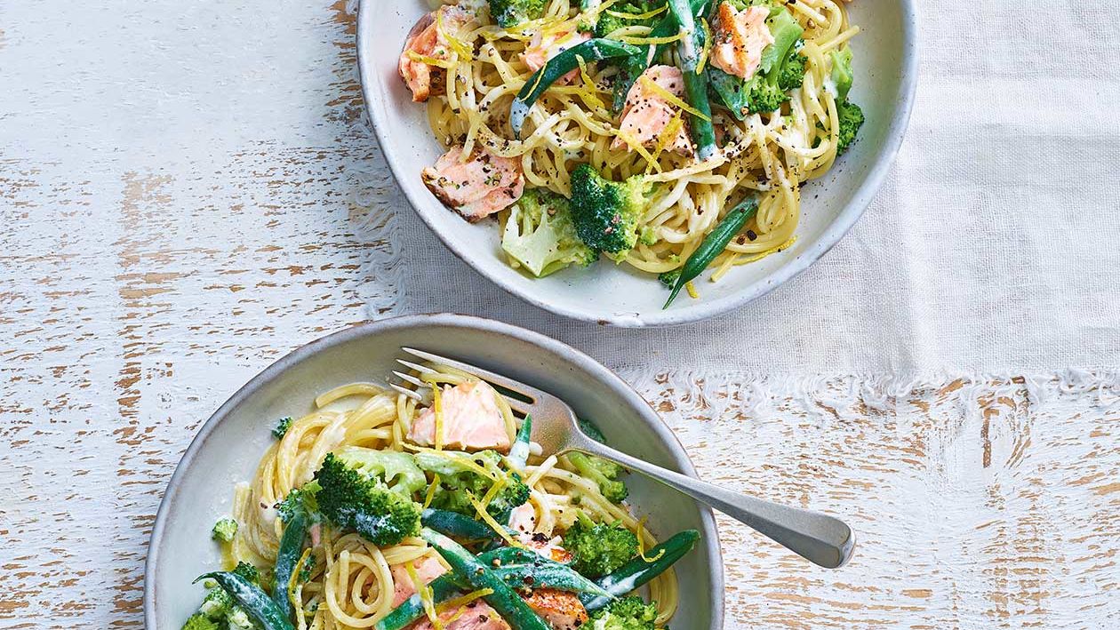 Salmon and broccoli spaghetti recipe | Sainsbury`s Magazine