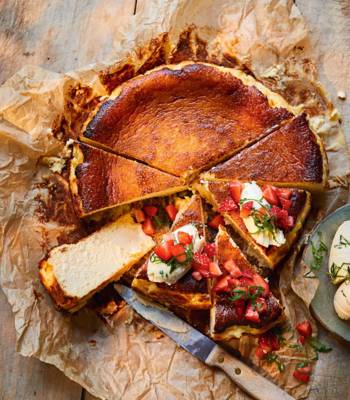 Burnt Basque cheesecake with strawberries and basil cream