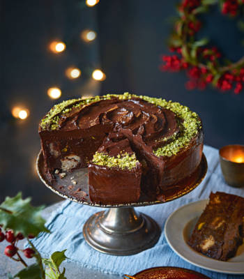 Chocolate biscuit cake with brandied fruits