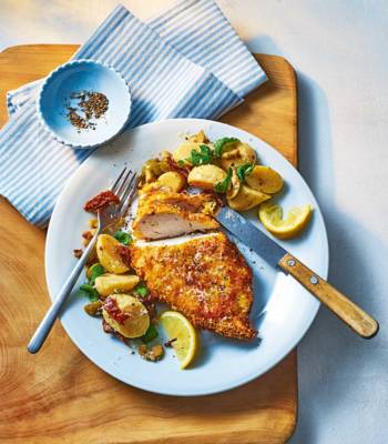 Air-fryer crispy chicken with antipasti potato salad