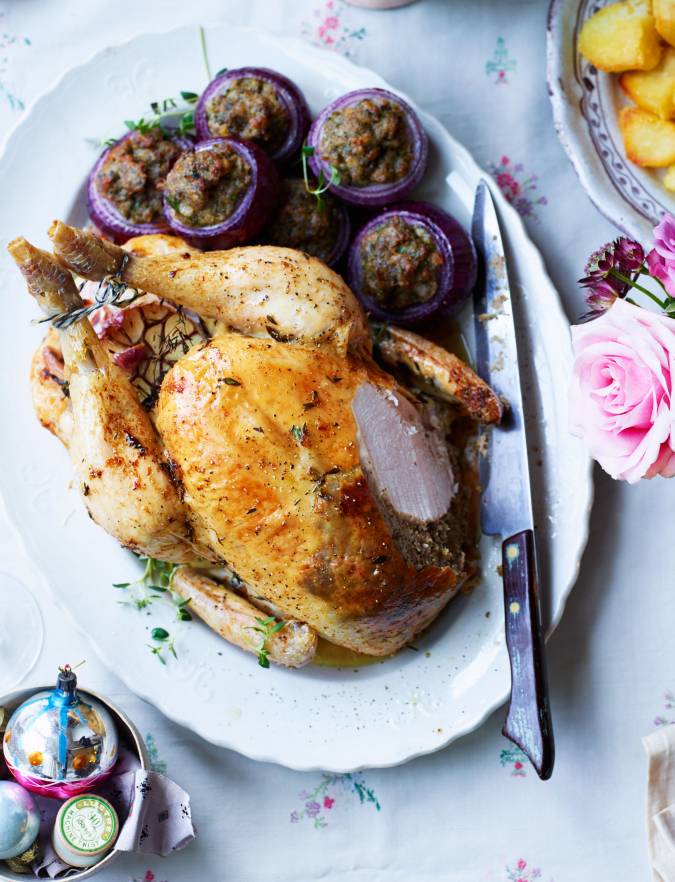 Lemon Thyme And Garlic Roasted Chicken With Chestnut Stuffing Filled Red Onions