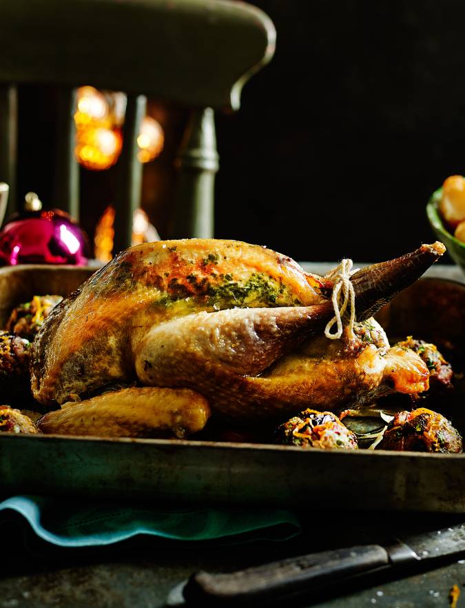 Roast guinea fowl with prune and bacon stuffing | Sainsbury's Magazine