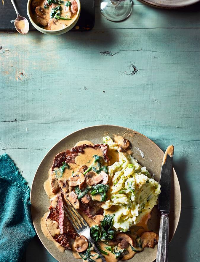 Steak With Florentine Mushroom Sauce And Mash Recipe Sainsbury S Magazine