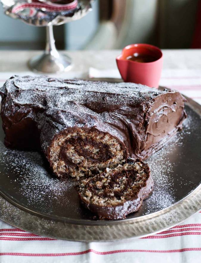 Pecan yule log with caramel sauce | Sainsbury's Magazine