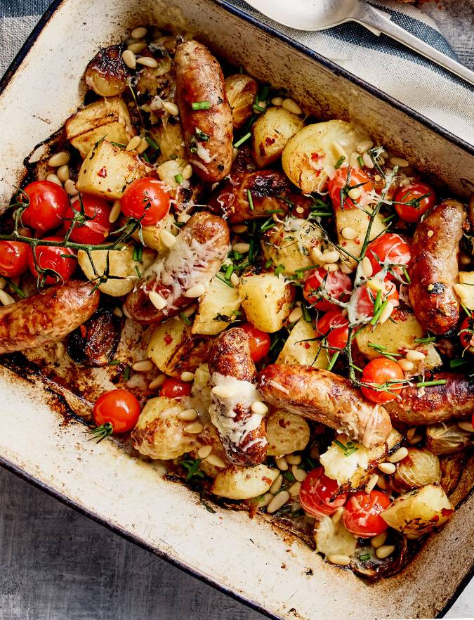 All-in one sausage and crispy potato bake recipe | Sainsbury's Magazine