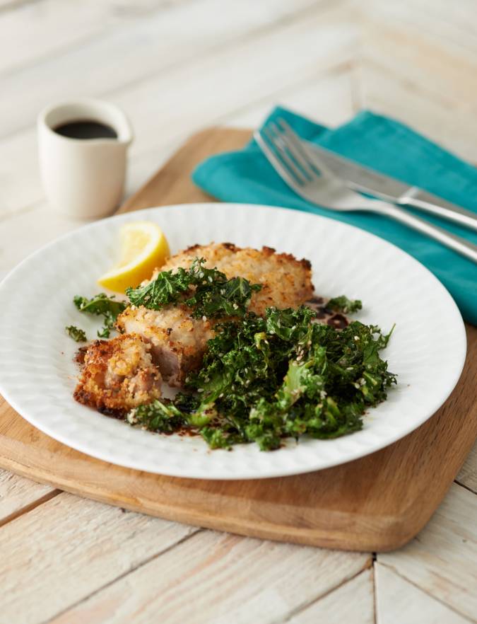 Breaded pork chops with crispy sesame and balsamic kale  Sainsburys Magazine