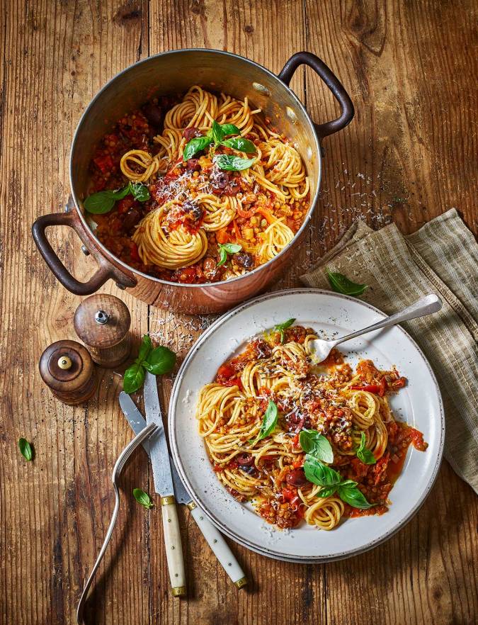 Sweet and salty lentil spaghetti recipe | Sainsbury's Magazine