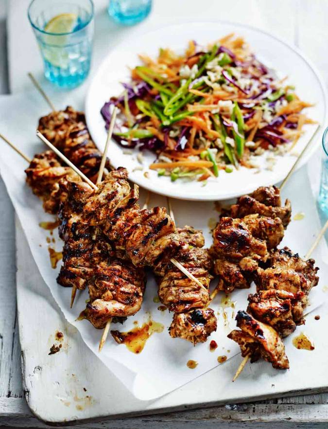 Spicy jerk chicken skewers with brown rice slaw | Sainsbury's Magazine