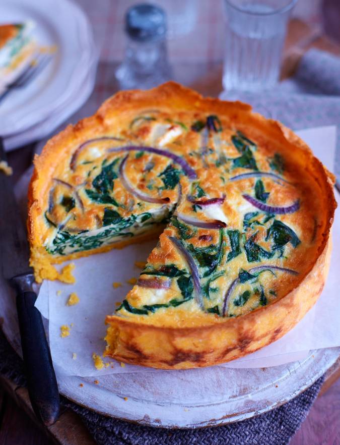 Spinach, red onion and feta quiche with a polenta crust | Sainsbury's ...