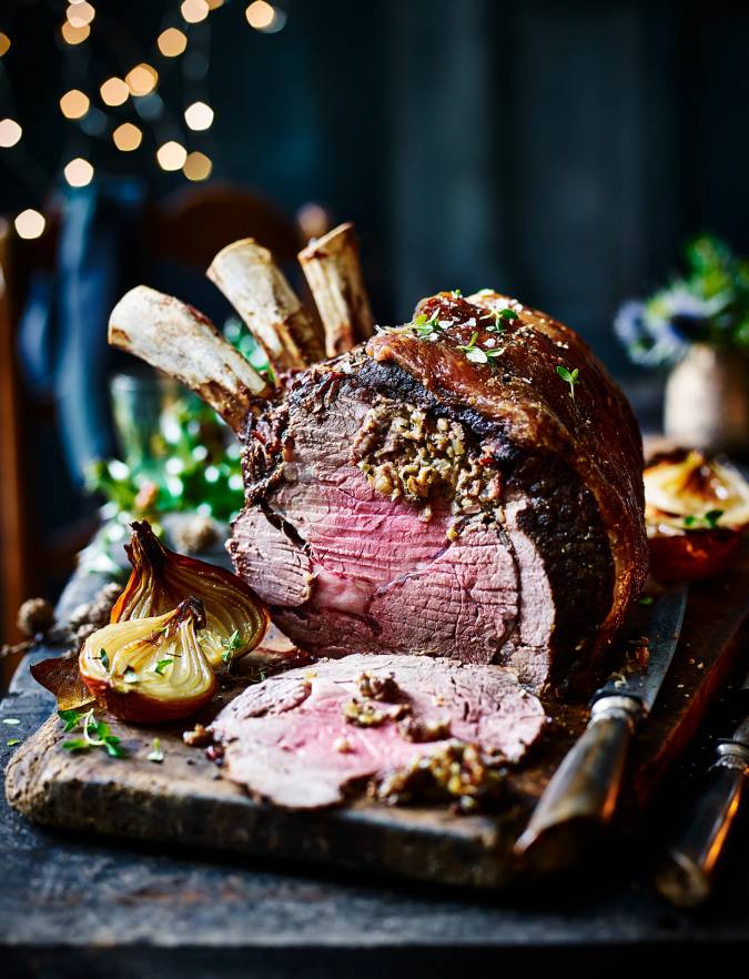 Porcini, bacon and sage rib of beef recipe Sainsbury's Magazine