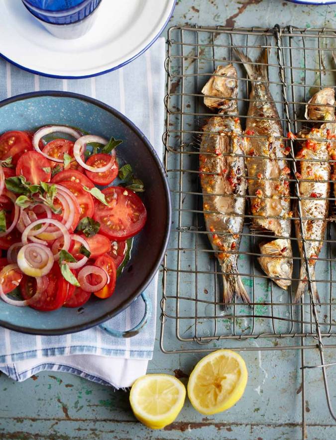 Barbecued piri piri sardines with tomato and onion salad | Sainsbury's ...