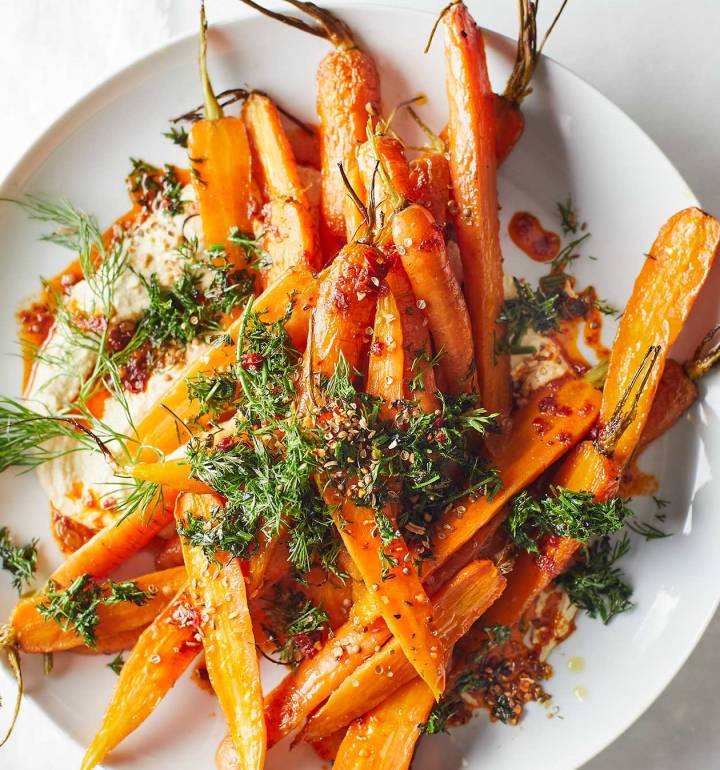 Roast carrot and houmous salad with harissa recipe | Sainsbury`s Magazine