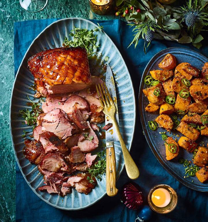 Tamarind-and-ginger jam-glazed ham with sweet potatoes recipe ...